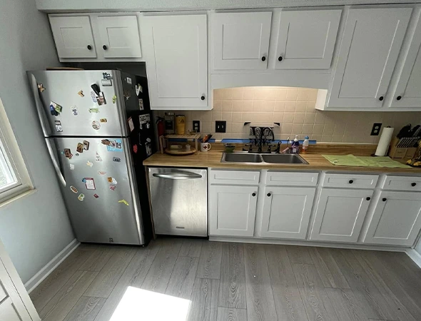 Kitchen remodeling including flooring, cabinets, and countertops